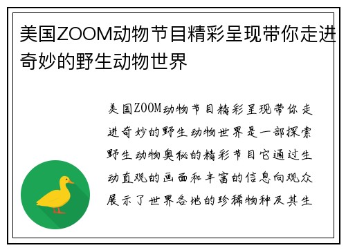美国ZOOM动物节目精彩呈现带你走进奇妙的野生动物世界
